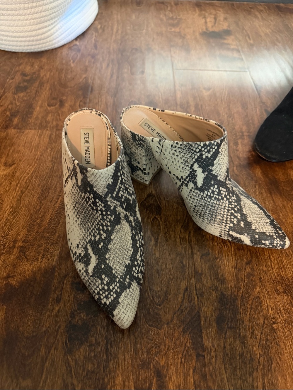 Steve Madden Black and Cream Snake-Print Pointed Mules